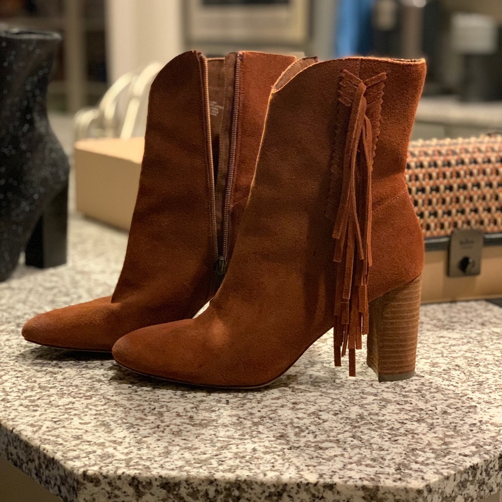 Suede fringe booties. Charles by Charles.
